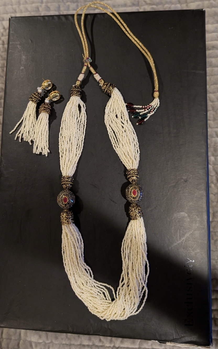 Multistrand Cream Bead Necklace with Ornate Gold Accents